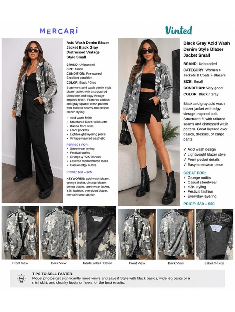 Acid Wash Denim Blazer Jacket Black Gray Distressed Vintage Style Small